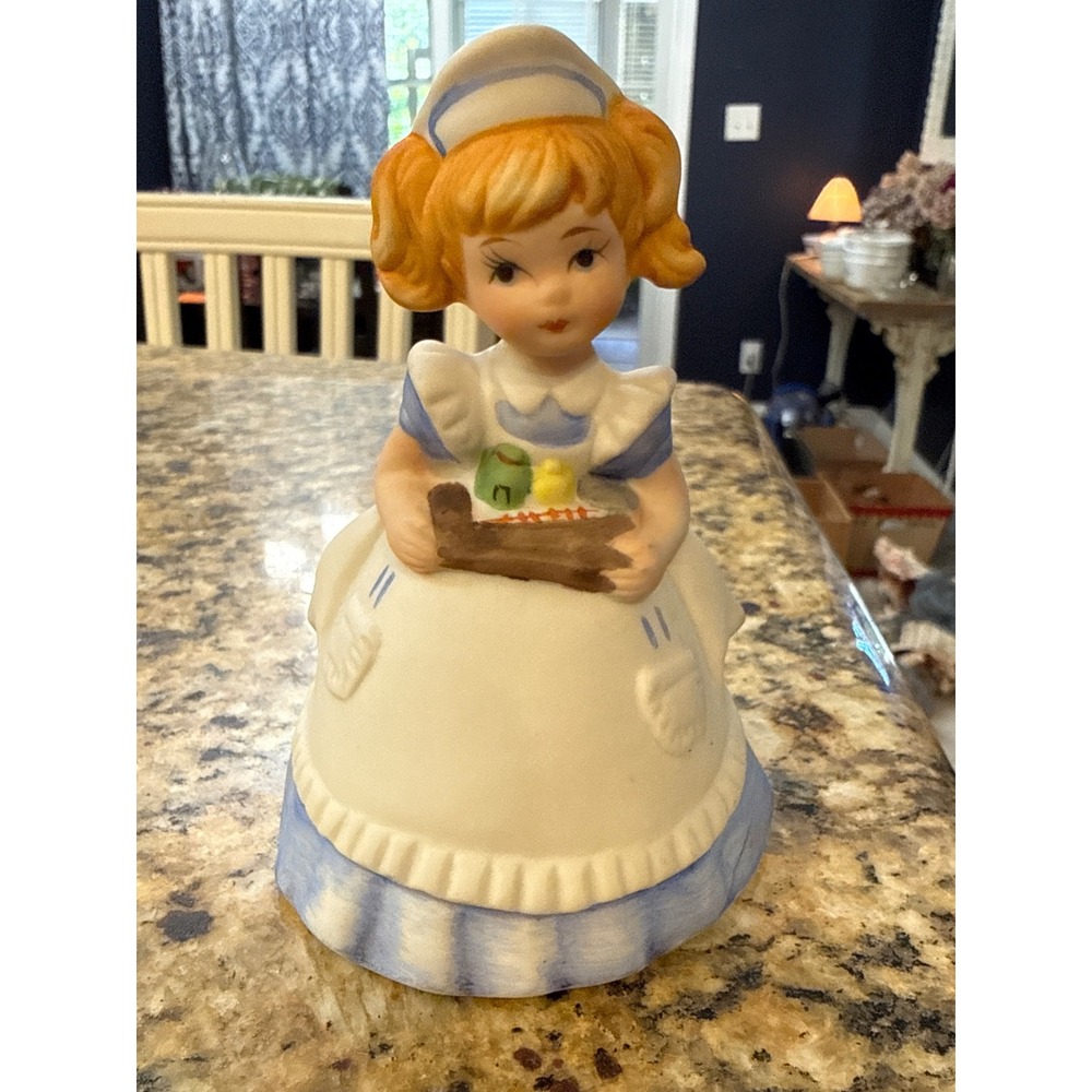 Vintage MSR Imports 1979 Ceramic Nurse Maid Bell Figurine Blue White 4.5 Inch